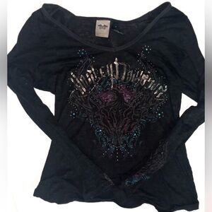 Harley Davidson long sleeve v-neck blinged sheer top.